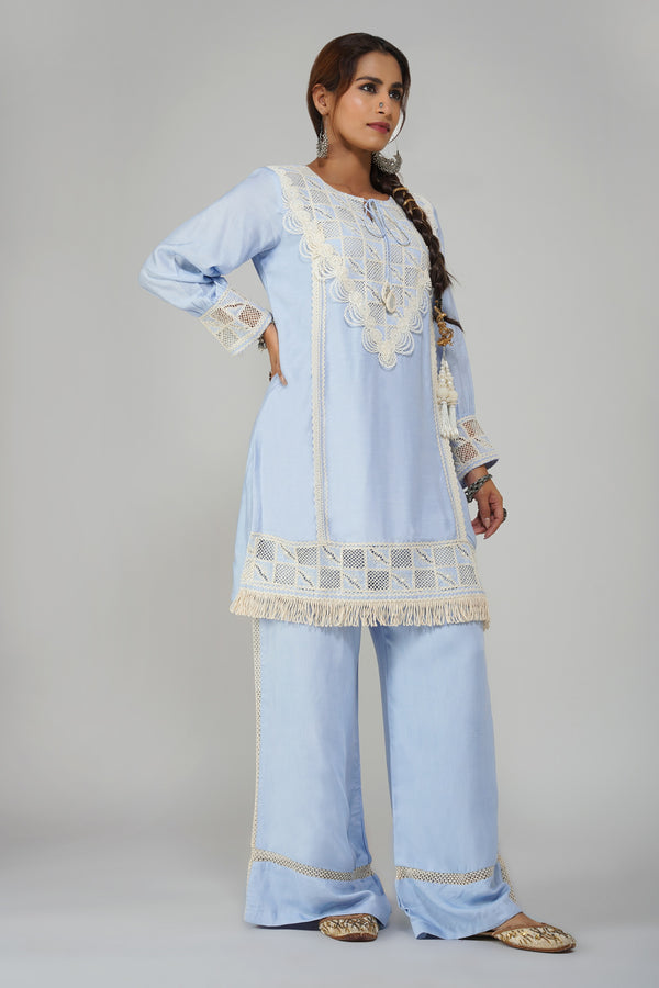 Elegant Sky Blue Lace-Embroidered Palazzo Suit