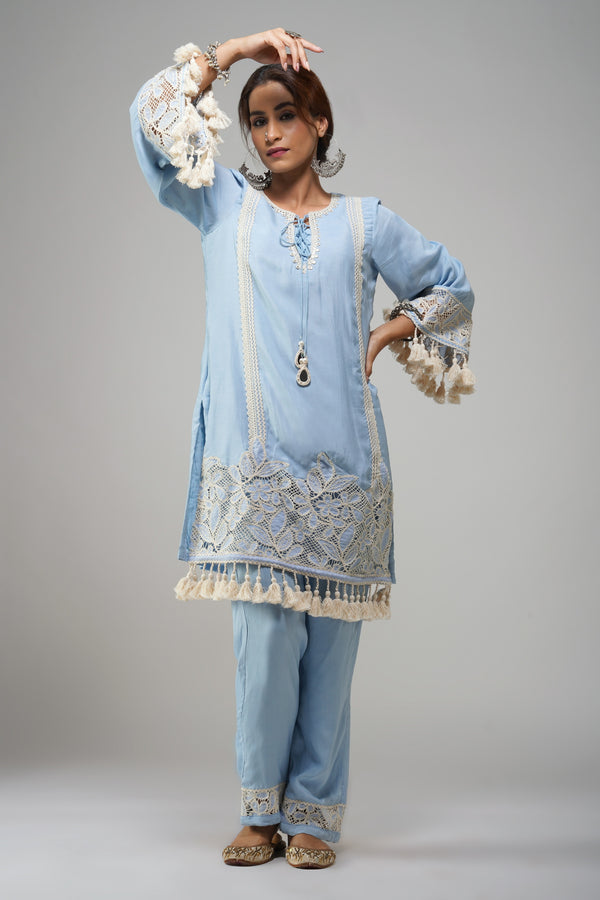 Sky Blue Embroidered Suit with Tassel Detailing