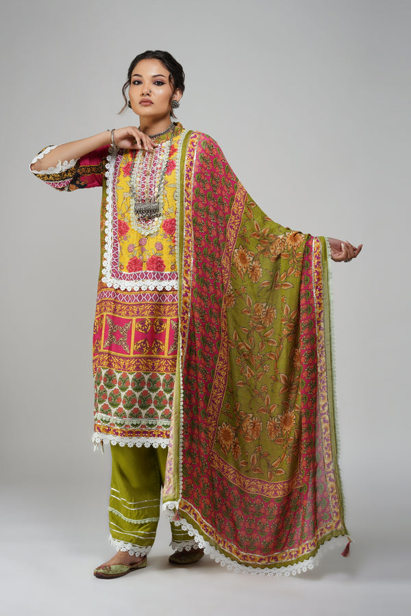 Vibrant Multicolor Printed Cotton Suit with Lace Detailing & Dupatta – Festive Wear