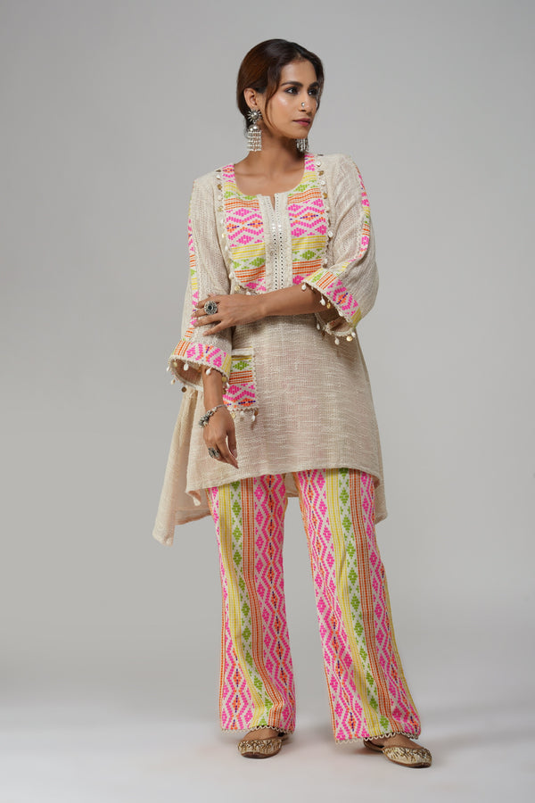 Beige & Multicolor Handwoven Cotton Suit with Ethnic Print – Festive & Casual Wear