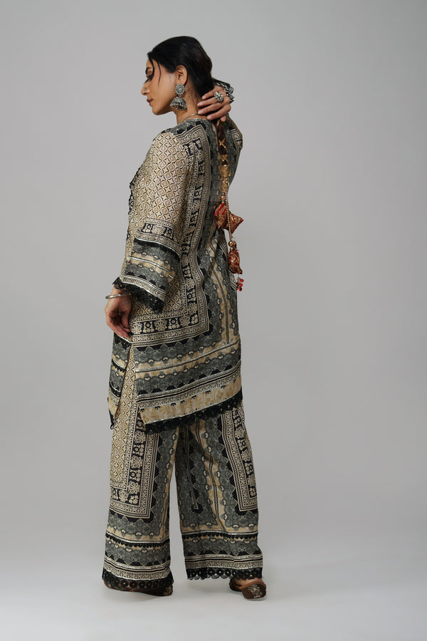 Classic Beige & Black Printed 3-Piece Suit with Mustard Dupatta