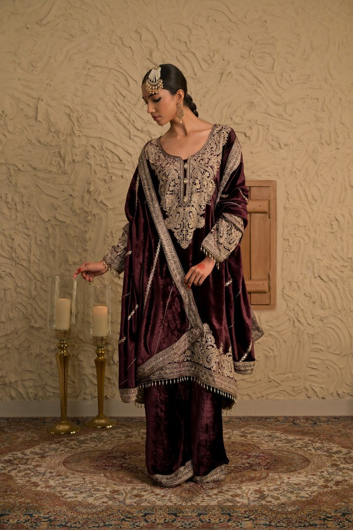 Brown Velvet Embroidered Suit