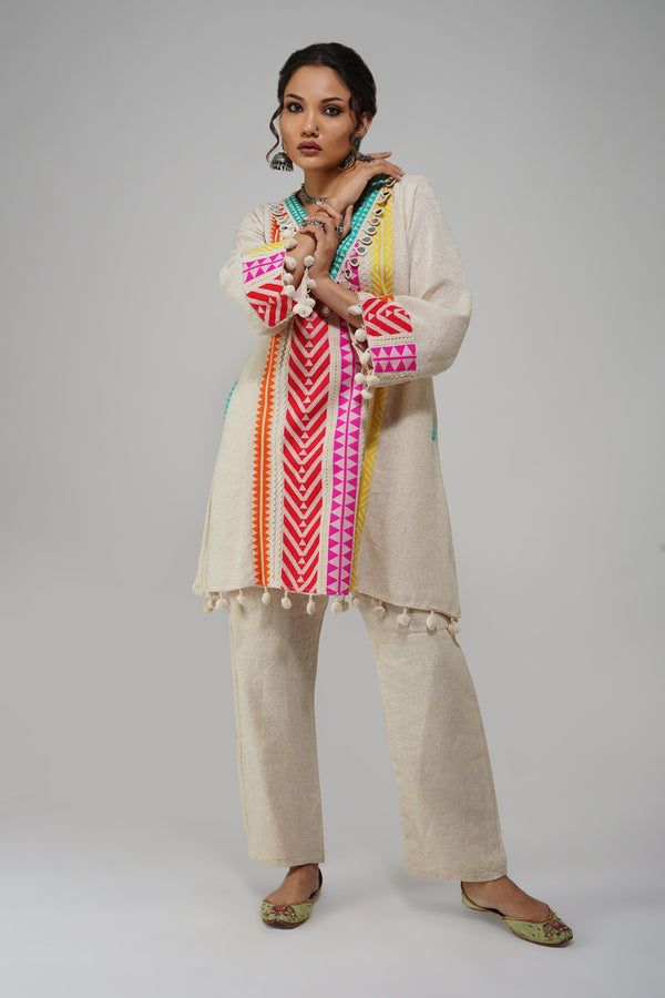 Vibrant Tribal-Inspired Linen Tunic Set – Artisanal Elegance & Comfort