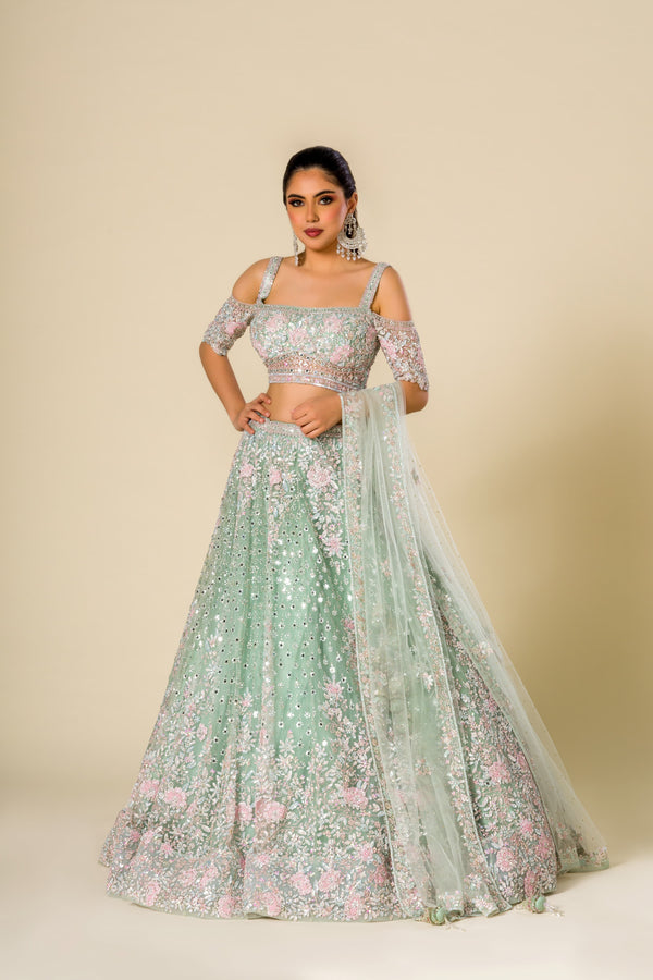 Sage Celestial Splendor Lehenga Choli With Cut Dana Choli and Stumpwork Lehenga Paired With Net Dupatta