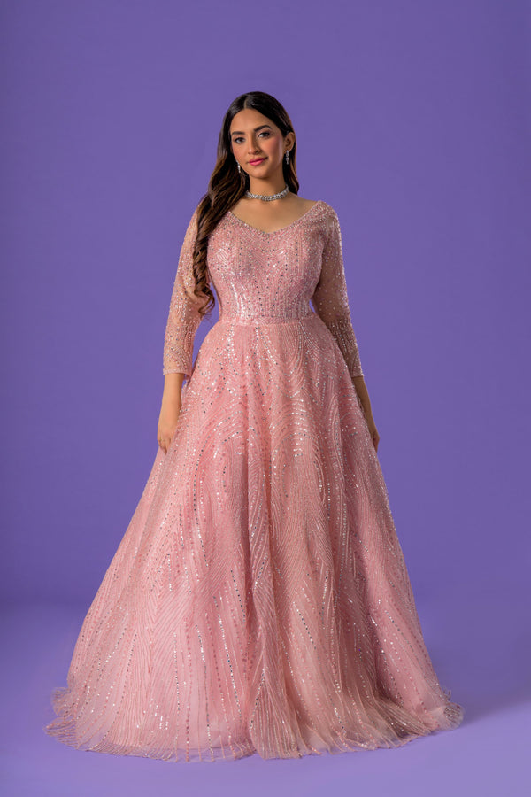 Blush Pink Princess Flare Gown Embellished in Mirror, Beads & Cut Dana