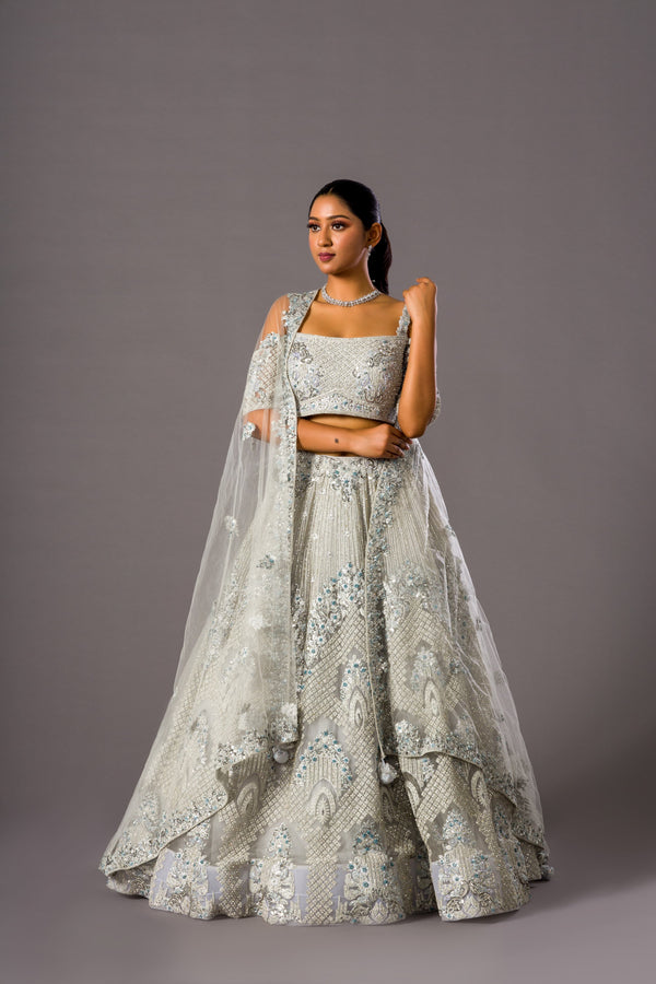 Glimmering Silver Dust Lehnga Choli with Cut Dana, threadwork and Beadwork Paired With Silver Net Dupatta