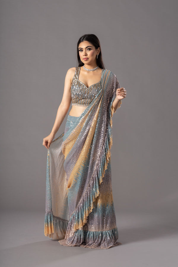 Multicolored Swank Net Saree With Extraordinarily Detailed Sequin Work And Beaded Blouse