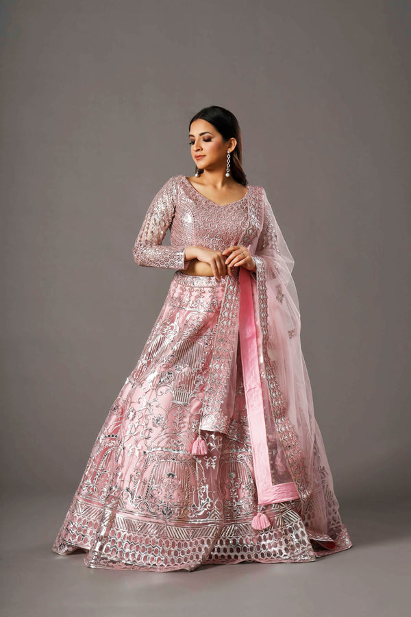 Baby Pink Blossom Lehange Choli With Silver Lacquer Pasting and Dupatta Having Subtle Detailing