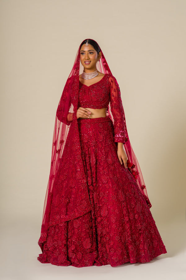 Volcano Flames Red Bridal Lehenga Choli With Aari Embroidery and Flatback Beading Containing Net Dupatta