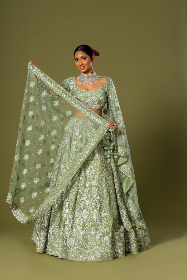 Nature's Embrace Sage Lehenga Choli With Cut Dana Beadwork, Sequins, and Stone Paired With Net Dupatta