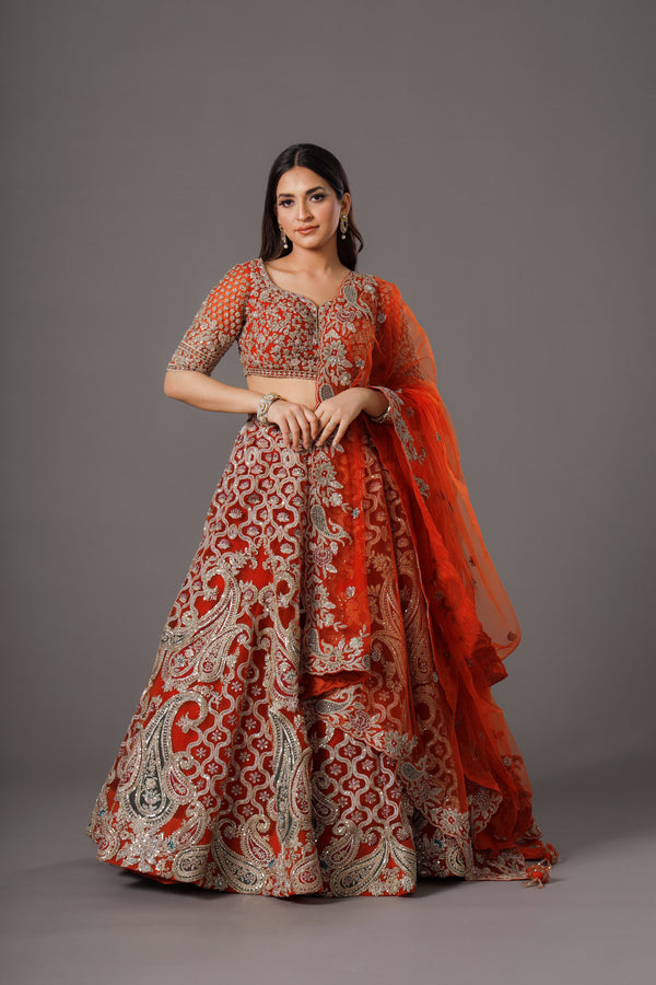 Dazzling Red Bridal Lehenga Choli With Tilla Patterns and Cut Dana Detailing