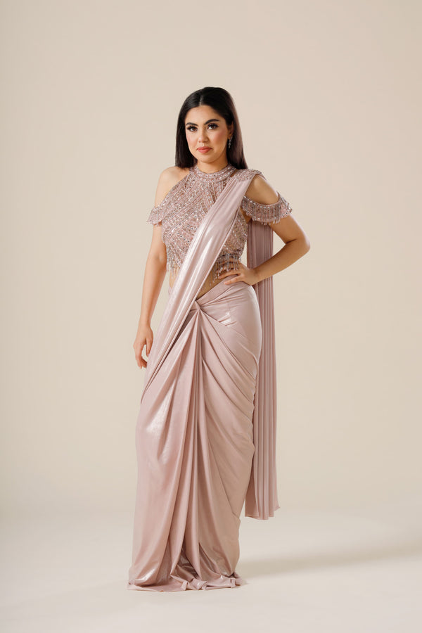 Nude Champaign Silk Saree With Cold Shoulder Blouse Embellished With Mirrorwork, Sequins, and Stonework