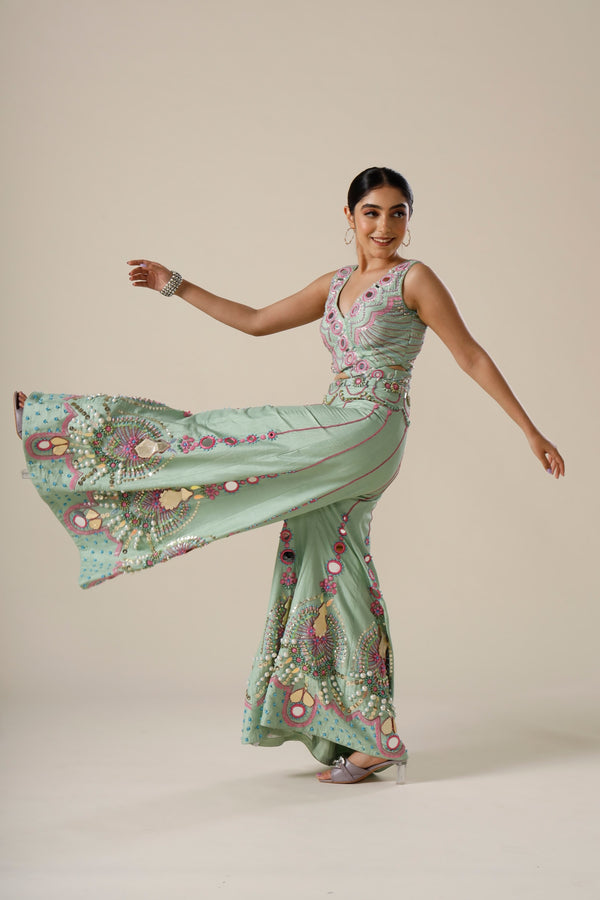 Refreshing Aqua Splash Indo-Western Gown With Stonework Detailing and Mirrorwork Embroidery
