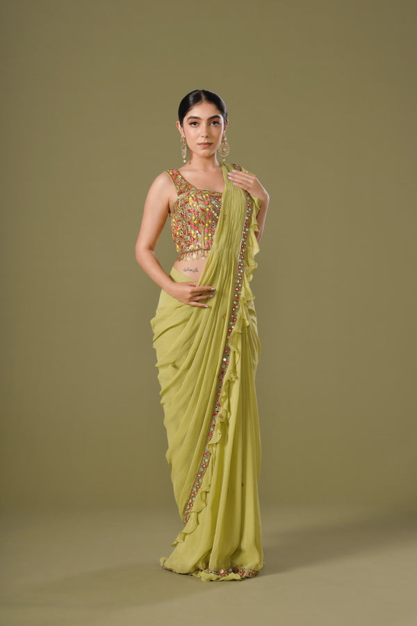 Relishing Pistachio Enigma Saree with Replenishing Multicolored Embroidery and Mirrorwork Blouse