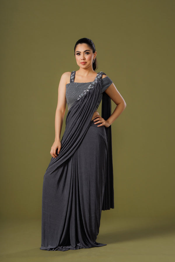 Charcoal Blaze Ready Pleated Georgette Saree with Elegant Sequins and Stumpwork Blouse