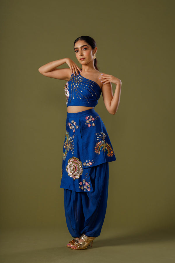Opulent Cobalt Charm Indo-Western Salwar Suit with Stumpwork Satin Blouse Paired With Patiala Salwar