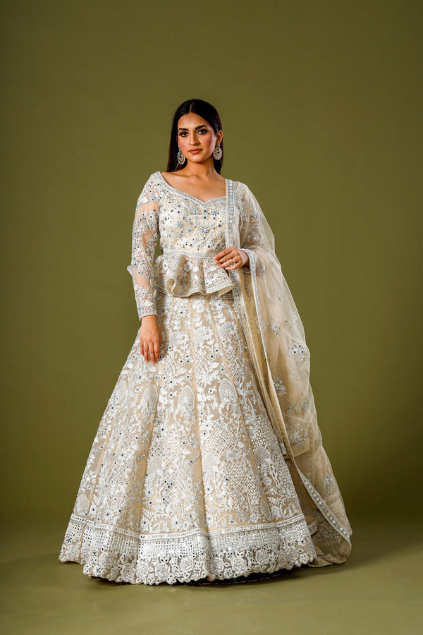 Ethereal Ivory Embroidered Organza Gown with Mirrorwork and Minimal Dupatta Containing Lacing Border