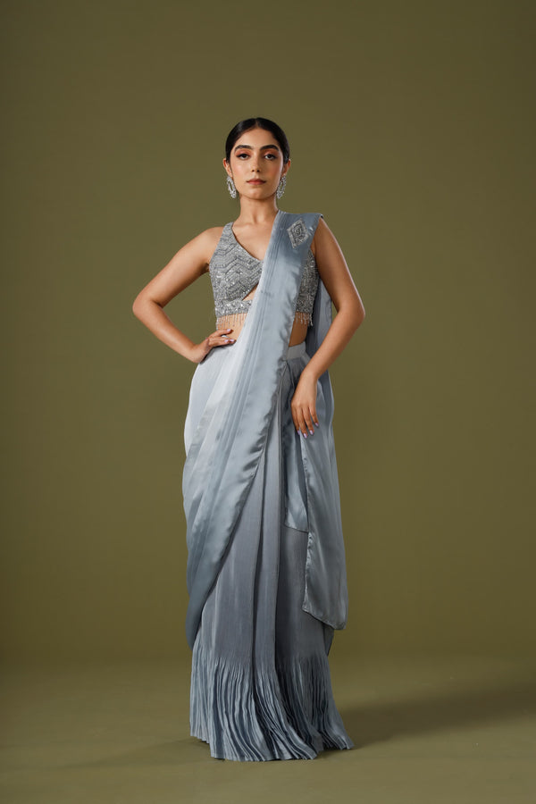 Ash Grey Magnificence Silk Saree With Sequin Embellished Sleeveless Blouse