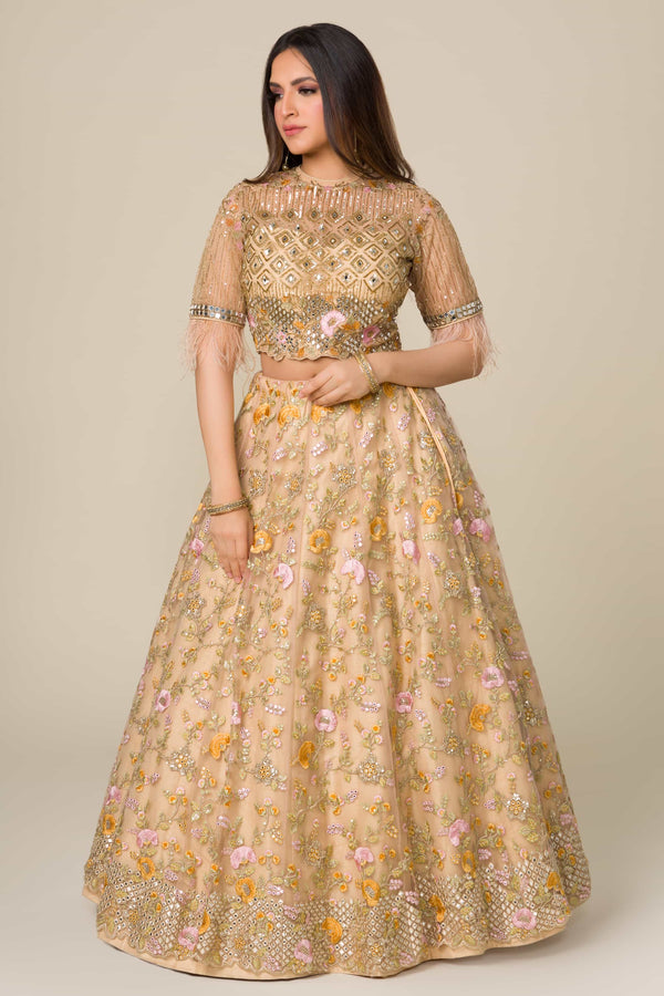 Yellow Lehenga Choli in Organza with Aari Embroidered And Feather Detailed Sleeves
