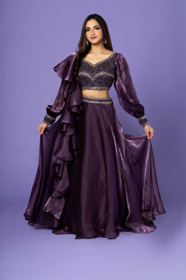 Purple And Silver Ombre Organza Lehenga And Cut Dana Blouse With Fancy Puffed Sleeves And Ruffle Dupatta