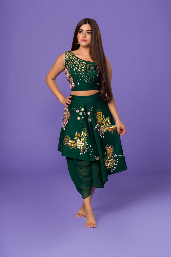 Bottle Green High-Low Dhoti Skirt And A Crop Top Set, Crafted In Crepe With Side Zip Closure