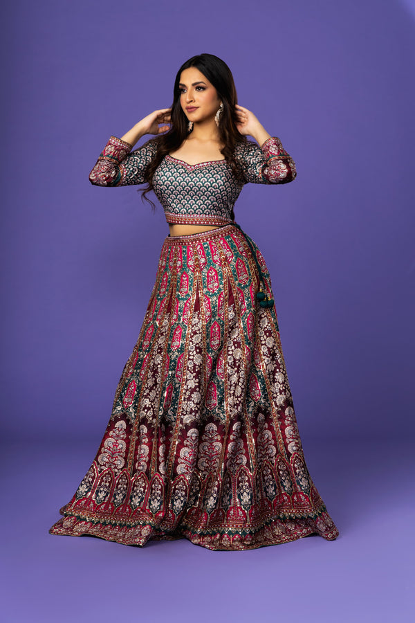 Castelon Green & Red Printed Crop Top And Lehenga In Satin With Net Dupatta