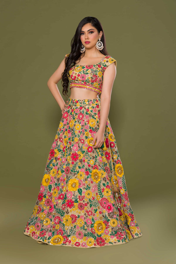 Lehenga Choli In Net With Colorful Resham Embroidered Floral Crafting Emblished In Stone Work