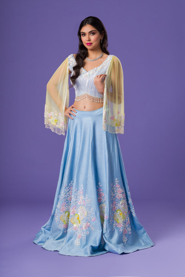 Sky Blue Crop Top And Skirt With Embossed Embroidery And Hand Crafted Top