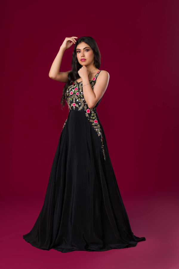 Black Georgette Gown with Embossed Hand Embroidered Floral bale