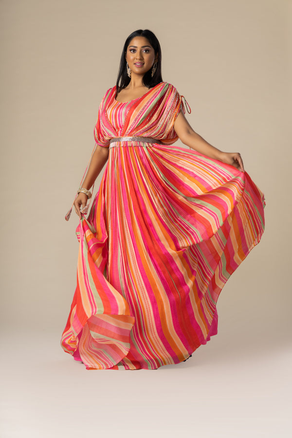 Multi color Printed Indo Western Gown In Georgette with Cut Dana Belt