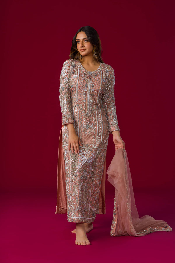 Peach Pink Long Kurta And Pants Suit Embellished in Heavy Zari And Stone Work