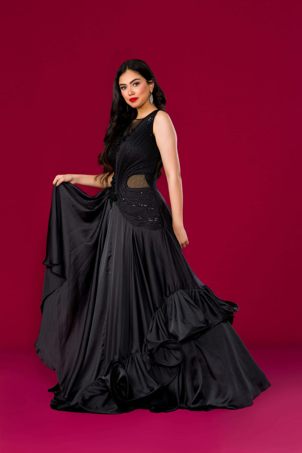 Glaring Onyx Opulence Gown With Stumpwork and Sequins on top Containing Hem With Spiral Ruffles