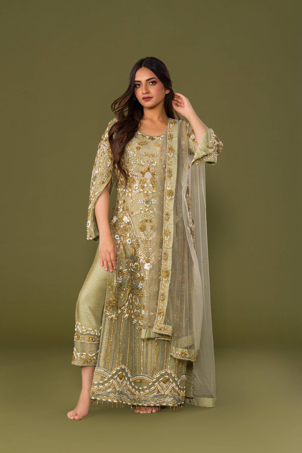 Olive Green Long Kurta And Pants Suit Embellished in Heavy Zari And Stone Work