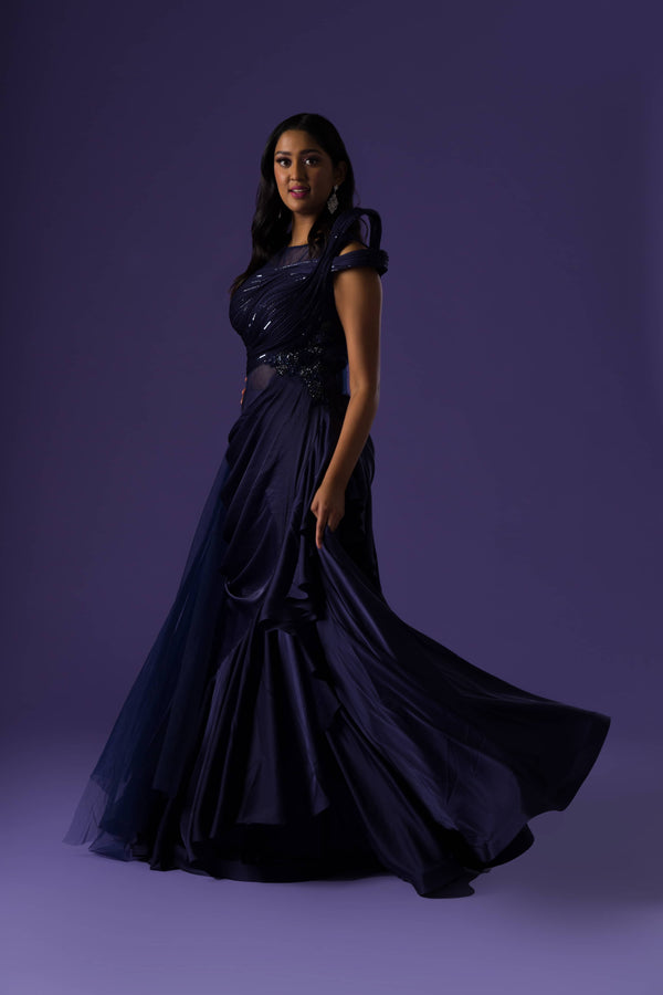 Cetacean Blue Embroidered Tiered Satin And Net Gown