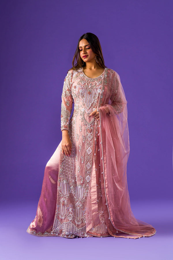 Rose Pink Long Kurta And Pants Suit Embellished in Heavy Zari And Stone Work