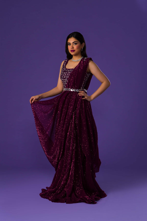 Maroon Sequins Saree With An Embellished Mirror Work Belt