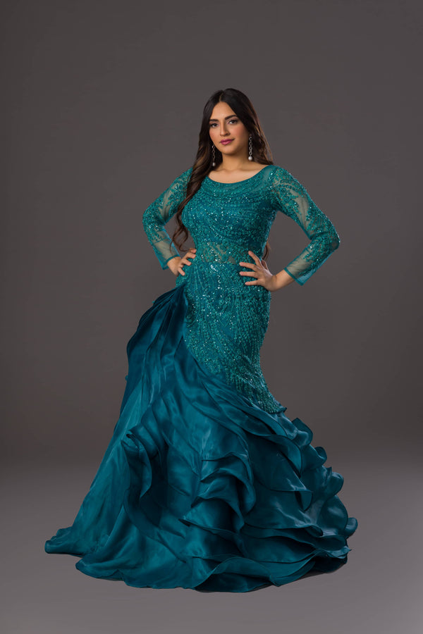 Teal Blue Embroidered Gown In Net With Organza Ruffle Frill Adornment