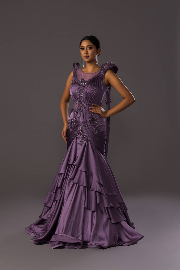 Purple Heather Embroidered Tiered Satin And Net Gown