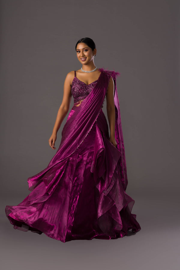 Burgandy Ready Pleated Saree With Frills On The Bottom Embellished With Embroidery On Pallu Corner And Blouse