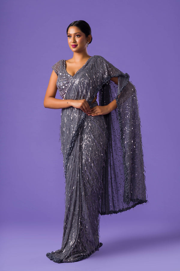 Grey Heather Sequins Saree With Hanging Thread Pattern And Sequins Cut Dana Blouse