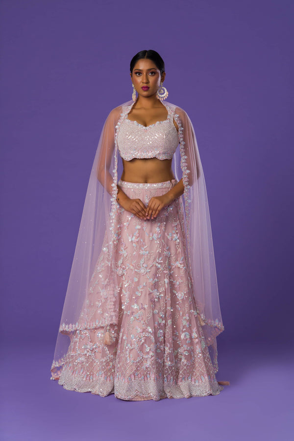 Pastel Pink Festive Embroidered in Cut Dana And Sequence Lehenga Set In Net