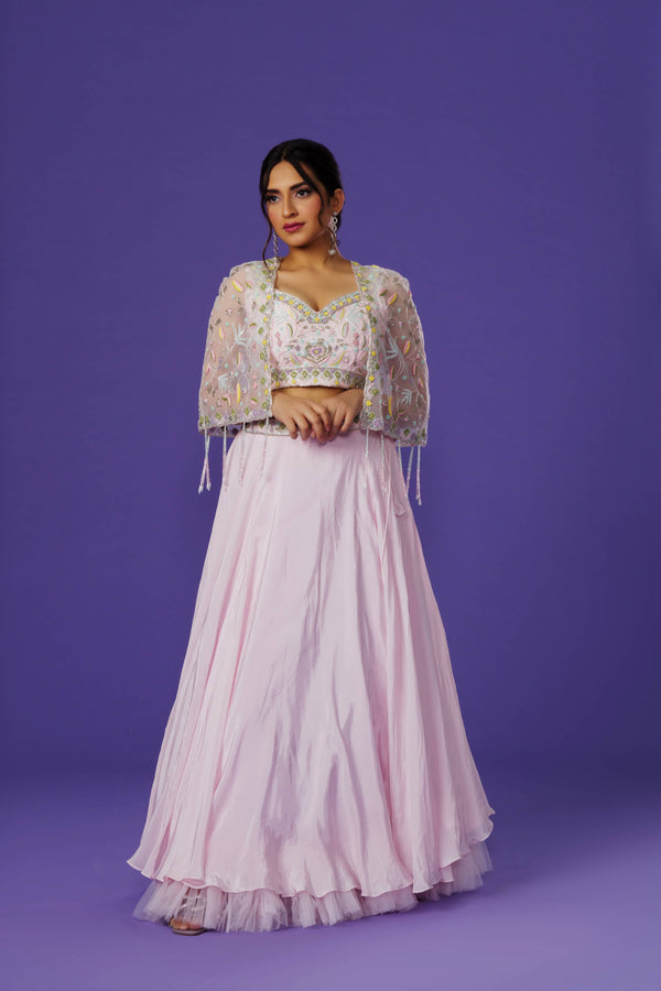 Baby Pink Festive Thread Embroidered And Cut Dana Lehenga Set With Cape In Georgette