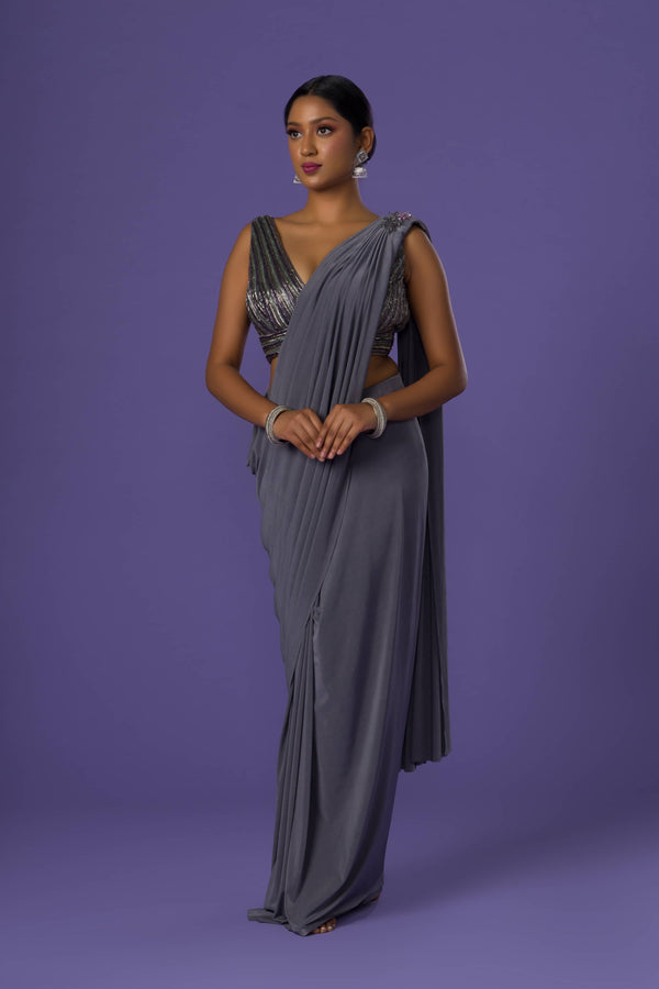 Porpoise grey Lycra Saree With Two-Shaded Cut Dana Embroidery