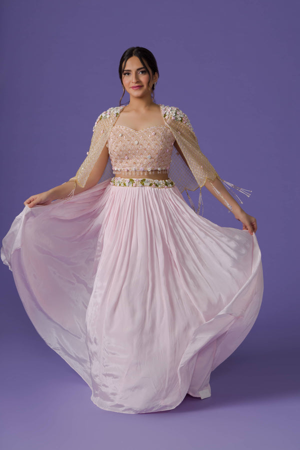 Pastel Pink Thread Embroidered With 3D Roses And Cut Dana With Beads Lehenga Set With Cape In Georgette