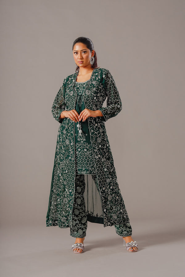 Sea Green Shalwar Kameez with Beads and Stumpwork, Combined With Brocade Trouser and Chiffon Dupatta