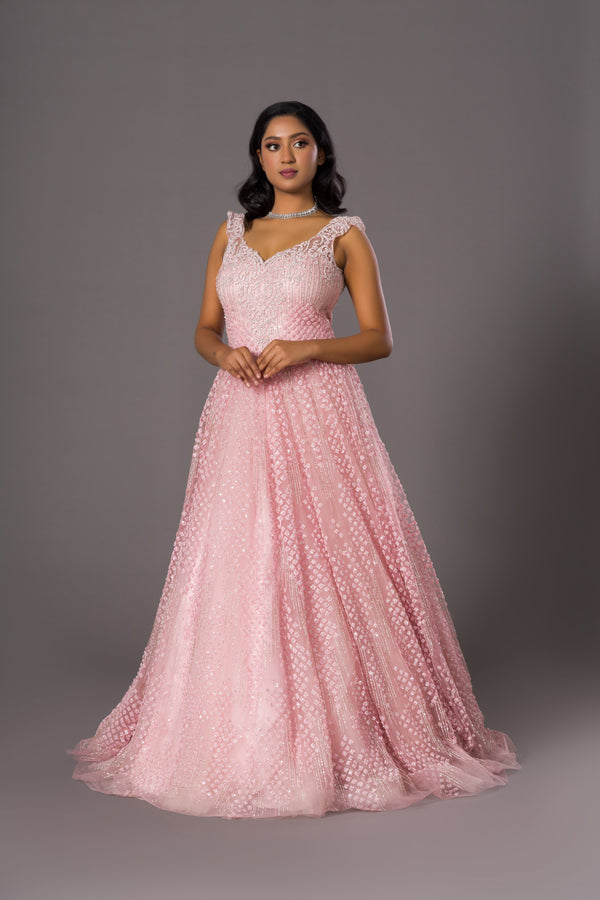 Salmon Blush Romance Gown With Silver Tilla and Beading at Top and Aari Beadwork at Flare