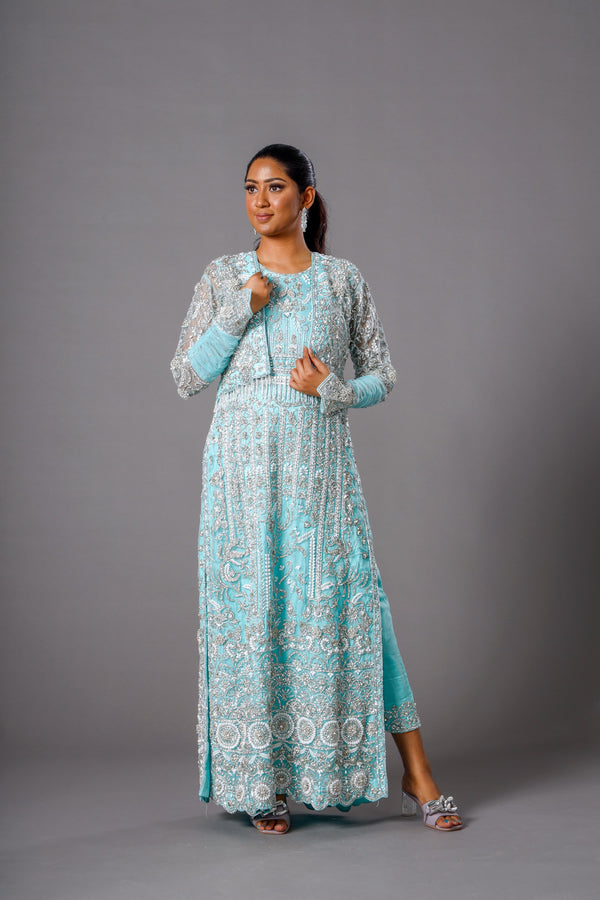 Radiant Sky Blue Salwar Kameez with Cut Dana and Tilla Detailing Paired with Minimalist Dupatta