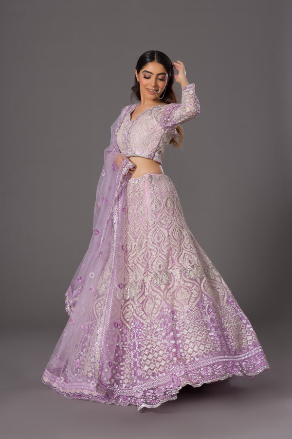 Captivating Lavender Meadows Lehenga Choli With Silver Tilla and Beadwork Paired With Bordered Net Dupatta