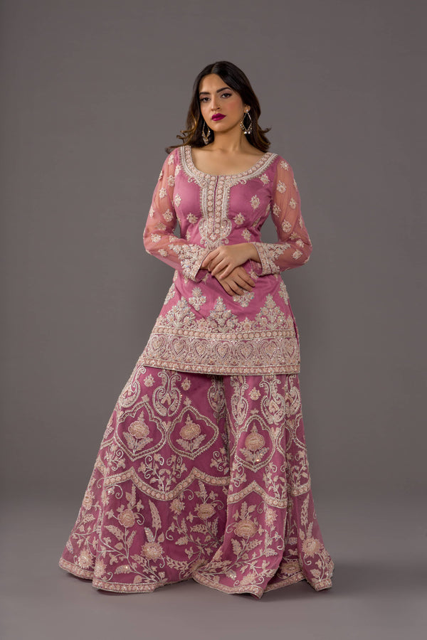 Tea Pink Palazzo Suit Embroidered In Contrasting White Resham And Beads