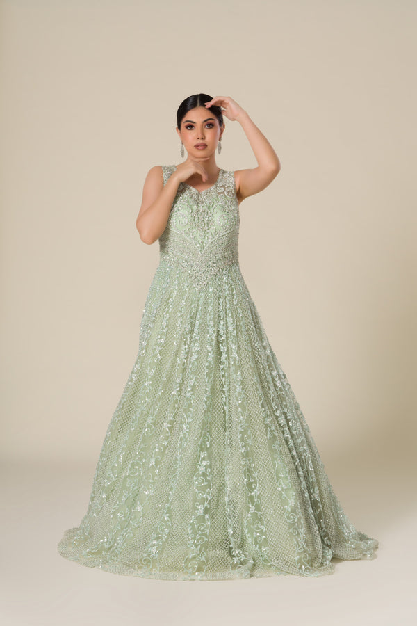 Warm Pistachio Sophistication Gown With Beads and Sequin Detailing long With Cut Dana at Neckline